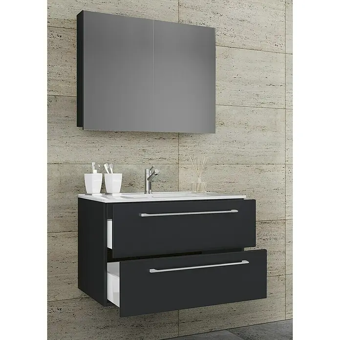 VCM Badinos Badmöbel-Set SPS - 80 cm, Schwarz, 3 -tlg. - Badezimmermöbel-Set mit grauem Spiegelschrank und Unterschrank mit zwei Schubladen und Waschbecken.