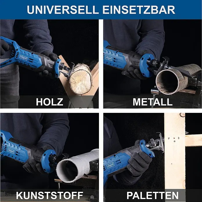 Scheppach IXES 20V Akku-Säbelsäge C-RS100-X - 20 V, Hublänge: 20 mm - Illustration einer Universalsäge Scheppach, die Holz, Metall, Kunststoff und Paletten schneidet.