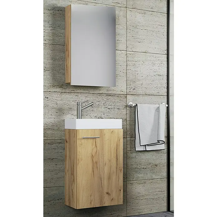 VCM Badmöbel-Set SPS - Gesamtbreite Badmöbel: 41 cm, Honig-Eiche, Glänzend, 3 -tlg. - Ein moderner Waschtisch mit Holzunterschrank, einem weißen Aufsatzwaschbecken und einem Spiegelschrank in Holzoptik.