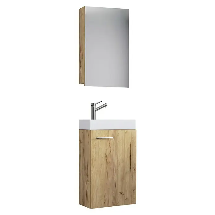 VCM Badmöbel-Set SPS - Gesamtbreite Badmöbel: 41 cm, Honig-Eiche, Glänzend, 3 -tlg. - Ein moderner Waschtisch mit Unterschrank und Spiegelschrank in Holzoptik. Das Waschbecken ist in Weiß gehalten und die Armatur ist silbern.