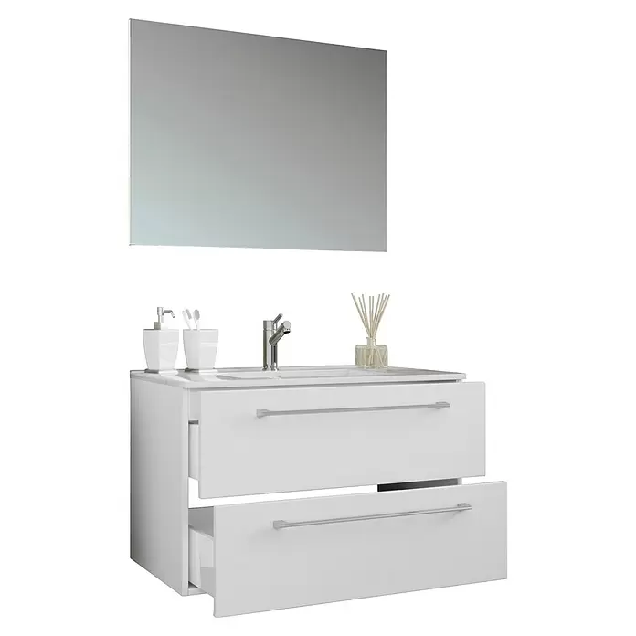 VCM Badinos Badmöbel-Set - 60 cm, Weiß, 3 -tlg. - Weißer Badunterschrank mit integriertem Waschbecken, Chromarmatur und rechteckigem Spiegel. Mit zwei Schubladen, eine teilweise offen, und weißem Zubehör.