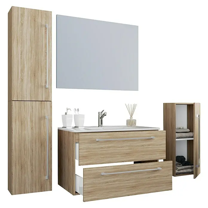 VCM Badinos Badmöbel-Set - 60 cm, Sonoma-Eiche, 5 -tlg. - Badezimmer-Set in Holzoptik mit Waschtisch, Spiegel und Schränken für ein stilvolles und funktionales Bad.