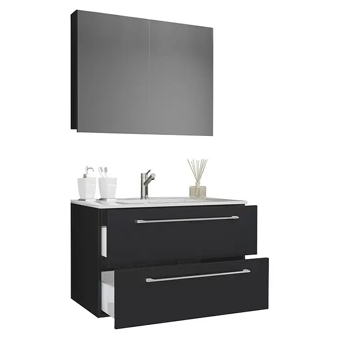 VCM Badinos Badmöbel-Set SPS - 60 cm, Schwarz, 3 -tlg. - Dunkelgrauer Badezimmerschrank mit Waschbecken, Armatur, geöffneter Schublade und passendem Spiegelschrank.
