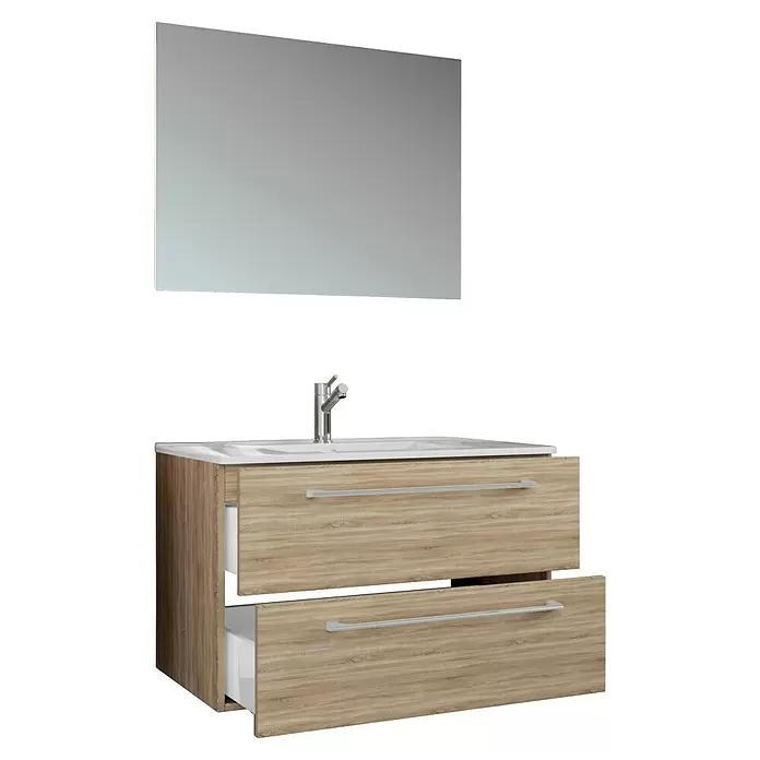 VCM Badinos Badmöbel-Set - 80 cm, Sonoma-Eiche, 3 -tlg. - Badezimmerunterschrank aus hellem Holz mit weißem Waschbecken, Chromarmatur und offener Schublade, darüber ein rechteckiger Spiegel.