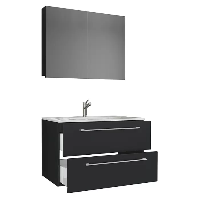 VCM Badinos Badmöbel-Set SPS - 80 cm, Schwarz, 3 -tlg. - Dunkelgrauer Badunterschrank mit weißem Waschbecken, Chromarmatur und passendem Spiegelschrank.