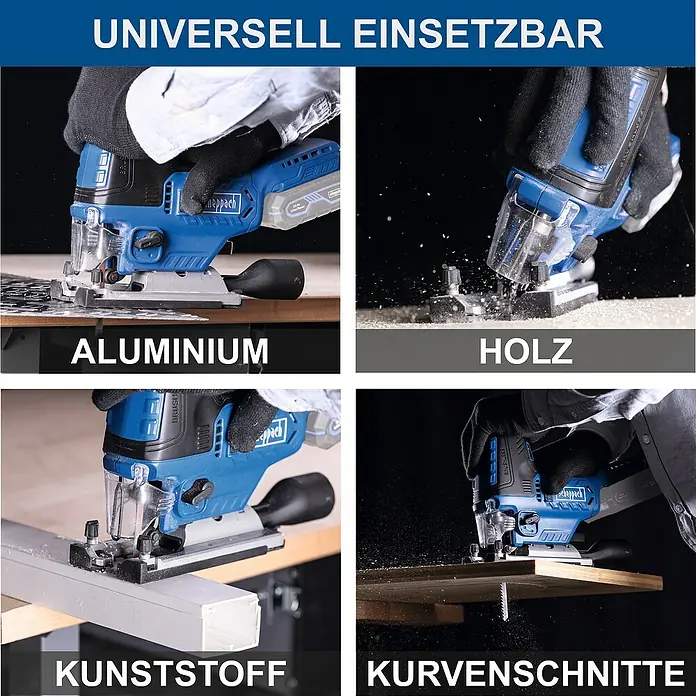 Scheppach IXES 20V Akku-Stichsäge BC-JS254-X - 20 V, Ohne Akku, Leerlaufhubzahl: 0 /min - 3.000 /min - Scheppach Akku-Stichsäge im Einsatz mit verschiedenen Materialien. Vielseitig einsetzbar für Holz, Aluminium, Kunststoff und Kurvenschnitte.