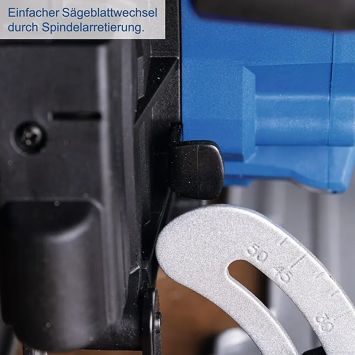 Scheppach IXES 20V Akku-Handkreissäge C-HCS165-X - 20 V, Durchmesser Sägeblatt: 165 mm - Detailansicht einer Säge mit Spindelarretierung für einfachen Sägeblattwechsel. Präzises Arbeiten durch hochwertige Verarbeitung.