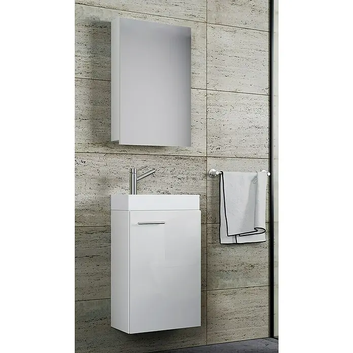 VCM Badmöbel-Set SPS - Gesamtbreite Badmöbel: 41 cm, Weiß, Glänzend, 3 -tlg. - Elegantes Badezimmer-Waschbecken mit passendem Spiegelschrank und Handtuchhalter. Das moderne Design sorgt für einen stilvollen Look im Bad.