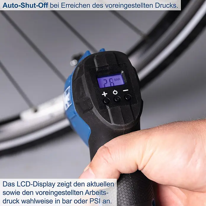 Scheppach IXES 20V Akku-Luftpumpe C-AC20-X - Max. Druck: 7 bar, Autostopp - Nahaufnahme einer tragbaren, digitalen Luftpumpe zum Aufpumpen von Fahrradreifen mit automatischer Abschaltfunktion.