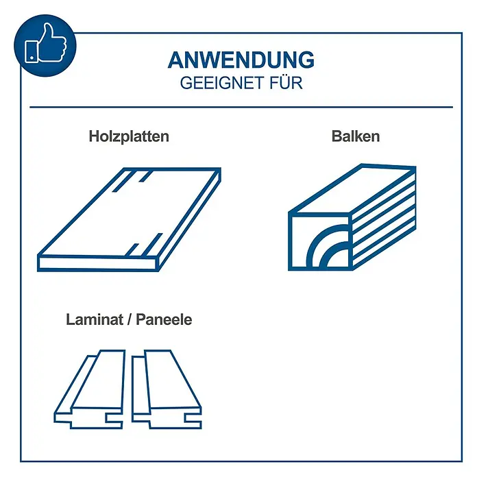 Scheppach IXES 20V Akku-Handkreissäge BC-HCS165-X - 20 V, Durchmesser Sägeblatt: 165 mm - Illustrationen von Holzplatten, Balken und Laminat/Paneelen als Anwendungsbeispiele.