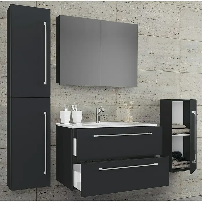VCM Badinos Badmöbel-Set SPS - 146 cm, Schwarz - Elegantes Badezimmer-Set in Anthrazit mit Waschtisch, Spiegelschrank und Hochschrank bietet stilvollen Stauraum.