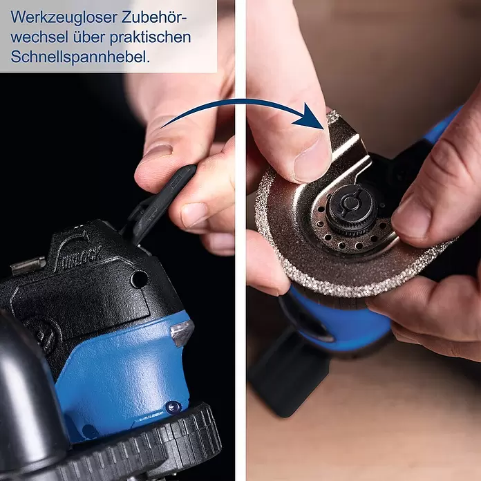 Scheppach IXES 20V Akku-Multitool C-MT40-X - 20 V - Person wechselt werkzeuglos ein diamantbeschichtetes Zubehörblatt an einem blau-schwarzen Multifunktionswerkzeug mittels Schnellspannhebel.