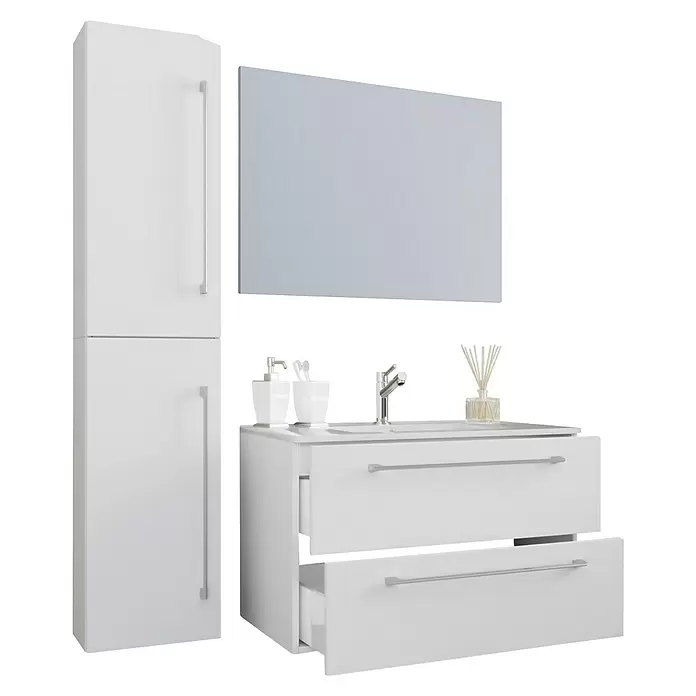 VCM Badinos Badmöbel-Set - 81 cm, Weiß, 4 -tlg. - Weißes Badezimmermöbel-Set mit Waschtisch, offenem Schubfach, Hochschrank und Spiegel, mit Seifenspender und Raumduft.