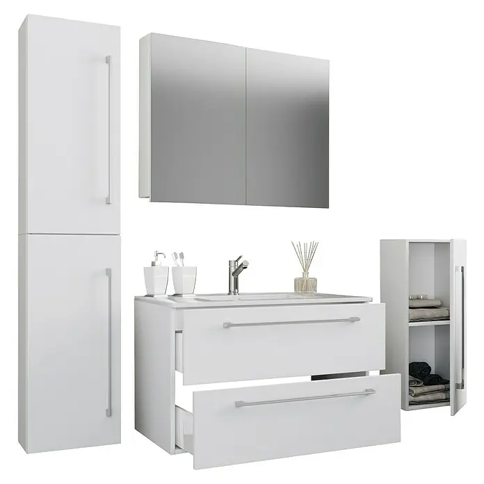 VCM Badinos Badmöbel-Set SPS - 126 cm, Weiß - Ein Badezimmer-Waschtischset in Weiß, bestehend aus Unterschrank mit Schubladen, Spiegelschrank, Hochschrank und Seitenschrank für ein stilvolles Bad.