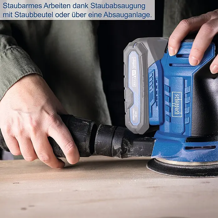 Scheppach IXES 20V Akku-Exzenterschleifer C-OBS125-X - 20 V, Durchmesser Schleifscheibe: 125 mm - Staubfreies Arbeiten mit dem Scheppach Exzenterschleifer, dank Staubabsaugung mit Beutel oder Anlage. Komfortabel und sauber schleifen.
