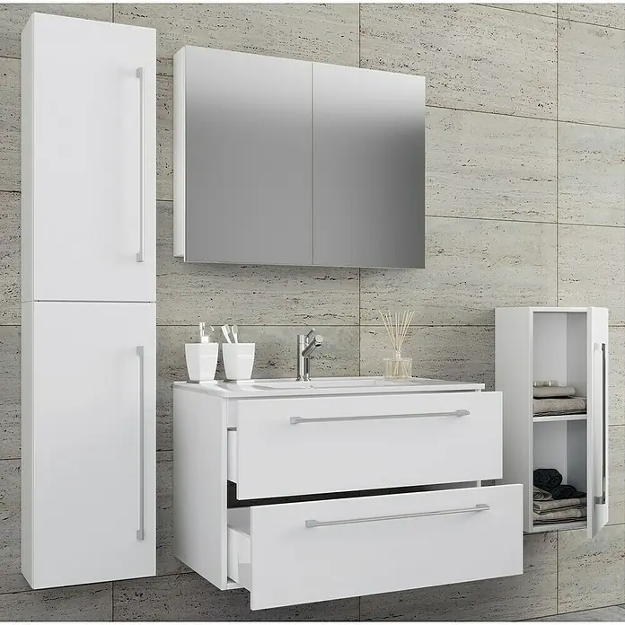 VCM Badinos Badmöbel-Set SPS146 cm, Weiß - Modernes Badezimmer-Set in Weiß mit Spiegelschrank, Waschtischunterschrank und Hochschrank für ein stilvolles Ambiente.