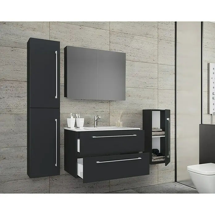 VCM Badinos Badmöbel-Set SPS - 146 cm, Schwarz - Das Bild zeigt ein modernes Badezimmer-Set in dunklen Farben mit einem Waschbeckenunterschrank und einem Spiegelschrank.