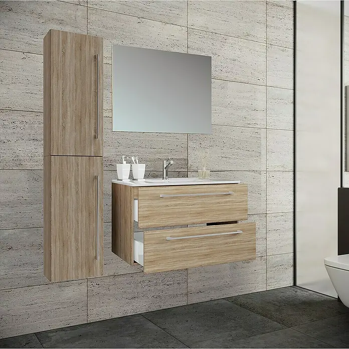 VCM Badinos Badmöbel-Set61 cm, Sonoma-Eiche, 4 -tlg. - Elegantes Badezimmer-Set mit Waschtischunterschrank, Spiegelschrank und Hochschrank in Holzoptik für ein stilvolles Ambiente.