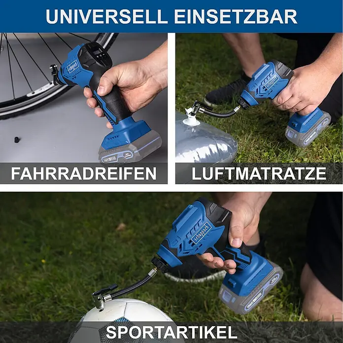 Scheppach IXES 20V Akku-Luftpumpe C-AC20-X - Max. Druck: 7 bar, Autostopp - Bilder zeigen die vielseitige Scheppach Akku-Luftpumpe, die für Fahrradreifen, Luftmatratzen und Sportartikel geeignet ist.