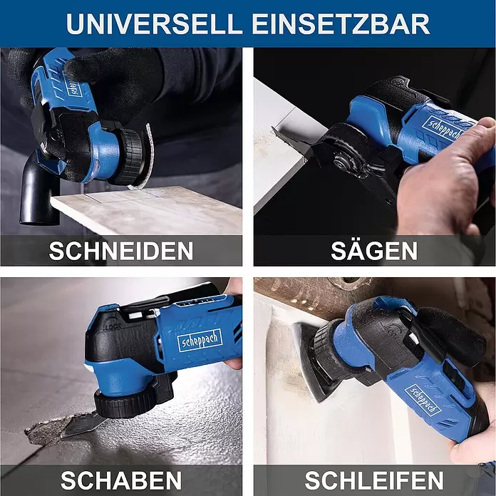 Scheppach IXES 20V Akku-Multitool C-MT40-X - 20 V - Ein blau-schwarzes Multifunktionswerkzeug wird beim Schneiden, Sägen, Schaben und Schleifen gezeigt, was seine Vielseitigkeit unterstreicht.
