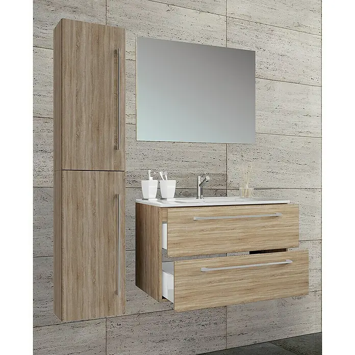 VCM Badinos Badmöbel-Set61 cm, Sonoma-Eiche, 4 -tlg. - Modernes Badezimmer-Set mit Spiegelschrank und Waschtischunterschrank in Holzoptik, das eine stilvolle und funktionale Lösung bietet.
