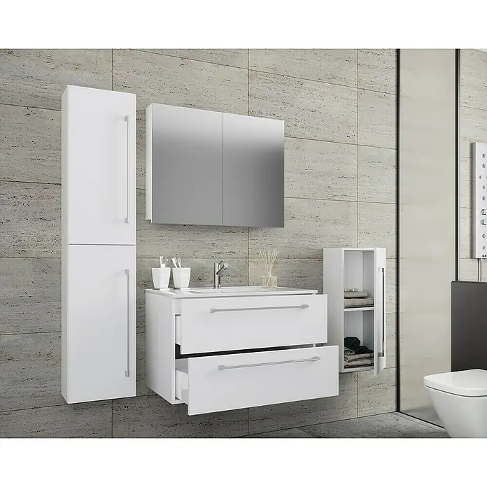 VCM Badinos Badmöbel-Set SPS - 126 cm, Weiß - Ein modernes Badezimmer-Set mit einem weißen Waschtischunterschrank, Spiegelschrank und Hochschrank, ideal für stilvolle Badezimmergestaltung.