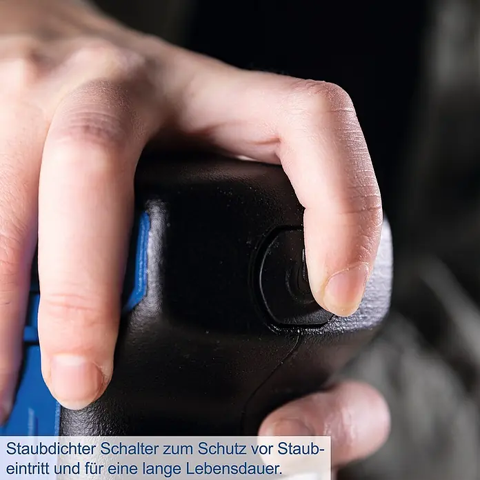 Scheppach IXES 20V Akku-Exzenterschleifer C-OBS125-X - 20 V, Durchmesser Schleifscheibe: 125 mm - Detailaufnahme eines staubdichten Schalters, der vor Staub schützt und eine lange Lebensdauer gewährleistet.