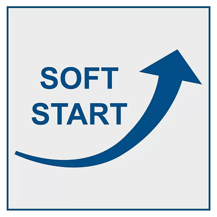 Scheppach IXES 20V Akku-Multitool C-MT40-X - 20 V - Blauer Text "SOFT START" mit einem blau aufsteigenden Pfeil, der einen sanften Anstieg symbolisiert.