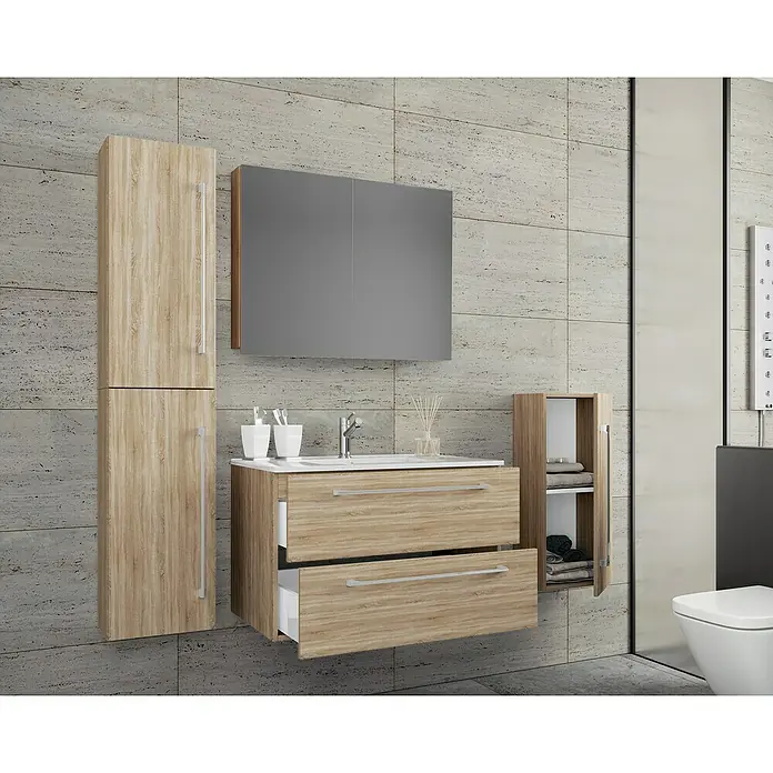 VCM Badinos Badmöbel-Set SPS - 126 cm, Sonoma-Eiche - Badezimmer mit Waschtischunterschrank, Spiegelschrank und Hochschrank in Holzoptik. Die Schubladen sind geöffnet und geben Einblick.