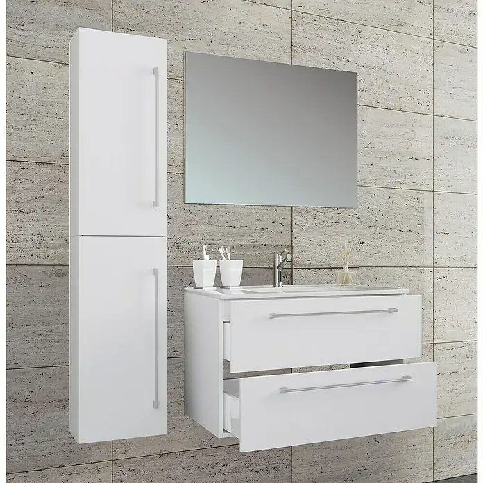 VCM Badinos Badmöbel-Set81 cm, Weiß, 4 -tlg. - Badezimmer-Set mit Spiegelschrank und Unterschrank mit zwei Schubladen in Weiß.