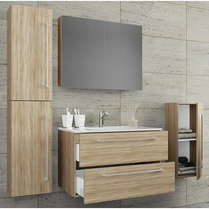 VCM Badinos Badmöbel-Set SPS126 cm, Sonoma-Eiche - Modernes Badezimmer-Ensemble mit Waschtisch, Spiegelschrank und Hochschränken in Holzoptik. Stilvolles Design für ein zeitgemäßes Bad.