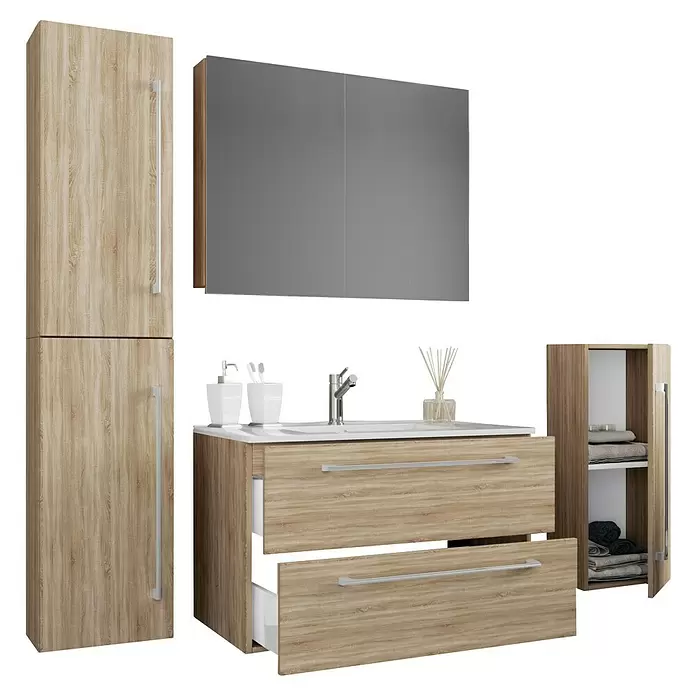 VCM Badinos Badmöbel-Set SPS - 126 cm, Sonoma-Eiche - Moderne Badezimmermöbel aus heller Eiche mit Waschbecken, Schubladen, Spiegelschrank und Aufbewahrungsschränken für organisierte Lagerung.