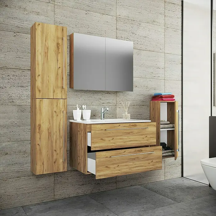 VCM Badinos Badmöbel-Set SPS - 146 cm, Honig-Eiche - Badezimmer-Ensemble mit Waschtischunterschrank mit Schubladen, Spiegelschrank und Hochschrank in Holzoptik. Modernes Design für Ihr Badezimmer.