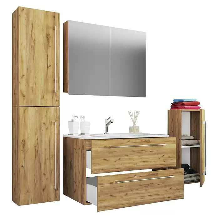 VCM Badinos Badmöbel-Set SPS - 146 cm, Honig-Eiche - Badezimmermöbel-Set aus hellem Holz mit Waschbeckenunterschrank, offenen Schubladen, Spiegelschrank und zusätzlichen Aufbewahrungseinheiten.