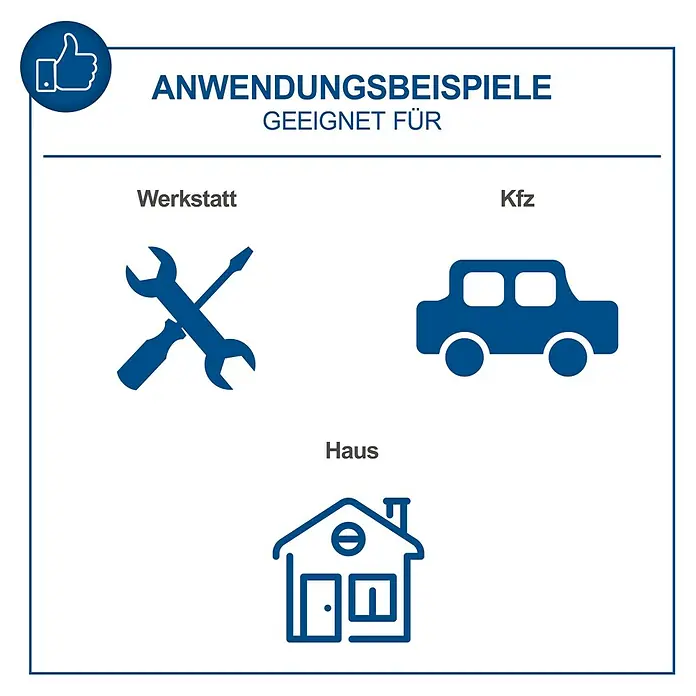 Scheppach IXES 20V LED-Arbeitsleuchte C-WL20-X - 20 V, Ohne Akku, 300 lm, Ergonomischer Griff - Anwendungsbeispiele mit Werkstatt-Symbol, Auto-Symbol und Haus-Symbol. Geeignet für verschiedene Bereiche.