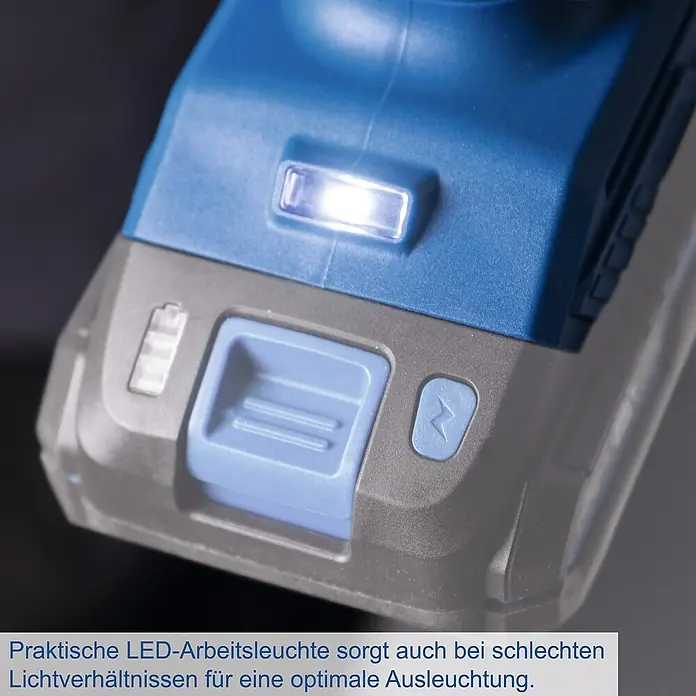 Scheppach IXES 20V Akku-Luftpumpe C-AC20-X - Max. Druck: 7 bar, Autostopp - Detailaufnahme einer blauen Arbeitsleuchte mit LED, die für optimale Ausleuchtung sorgt, ideal für Werkstattarbeiten.