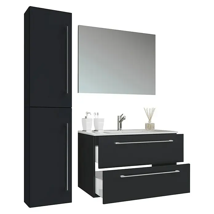 VCM Badinos Badmöbel-Set - 81 cm, Schwarz, 4 -tlg. - Modernes Badezimmer-Waschbecken-Set in Anthrazit mit großem Spiegelschrank und Unterschrank für stilvolle Badgestaltung.