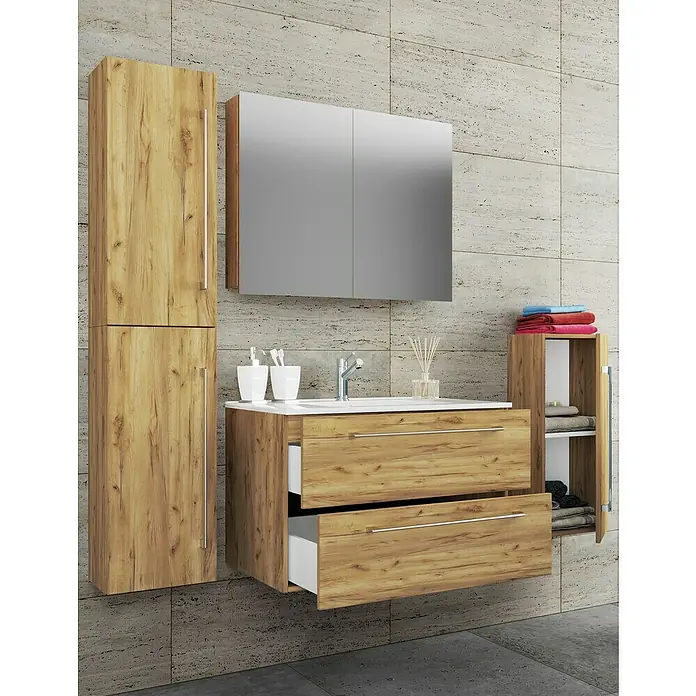 VCM Badinos Badmöbel-Set SPS - 146 cm, Honig-Eiche - Modernes Badezimmer-Ensemble mit Holzschrank, Waschtischunterschrank mit Schubladen und Spiegelschrank, das Eleganz und Funktionalität vereint.