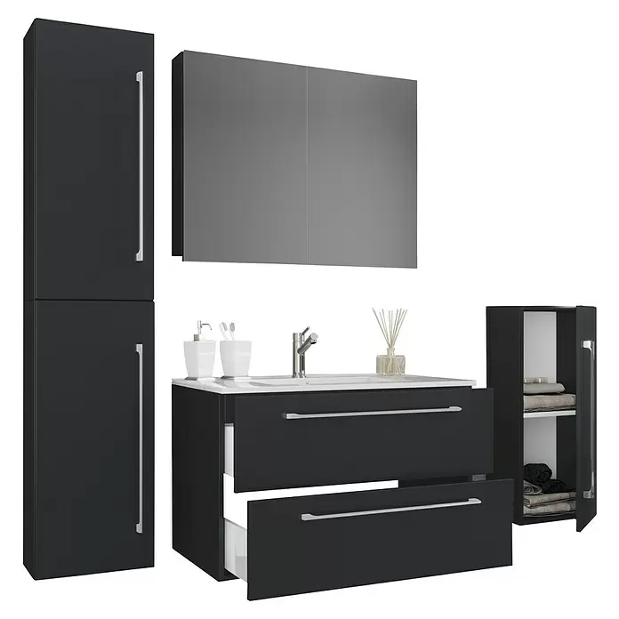 VCM Badinos Badmöbel-Set SPS - 146 cm, Schwarz - Dunkelgraue Badmöbelgarnitur mit Waschtisch, Spiegelschrank und Stauschränken, teils geöffnet.