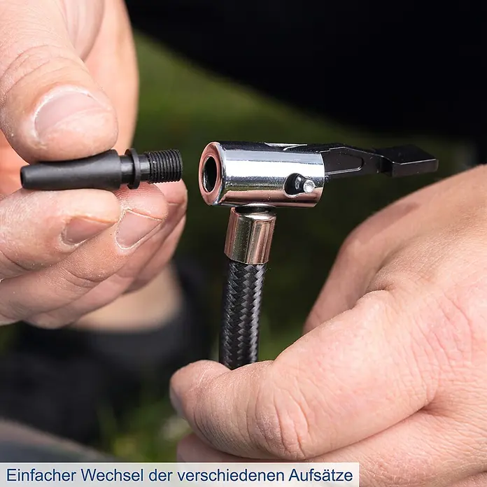 Scheppach IXES 20V Akku-Luftpumpe C-AC20-X - Max. Druck: 7 bar, Autostopp - Luftpumpe mit verschiedenen Aufsätzen. Einfacher Wechsel der verschiedenen Aufsätze für Fahrräder, Autos oder Bälle.