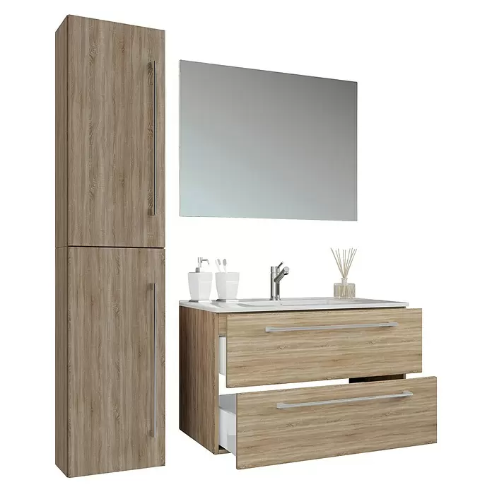VCM Badinos Badmöbel-Set - 61 cm, Sonoma-Eiche, 4 -tlg. - Helles Holz-Badezimmermöbel-Set mit Waschbecken, Spiegel und Hochschrank, Schubladen teilweise geöffnet.