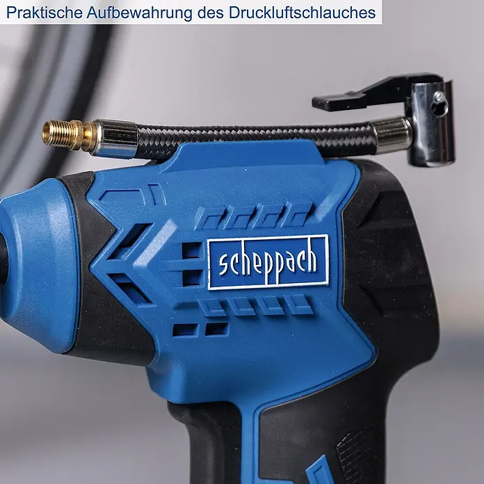 Scheppach IXES 20V Akku-Luftpumpe C-AC20-X - Max. Druck: 7 bar, Autostopp - Die praktische Aufbewahrung des Druckluftschlauches des Scheppach Kompressors für eine einfache und ordentliche Lagerung.