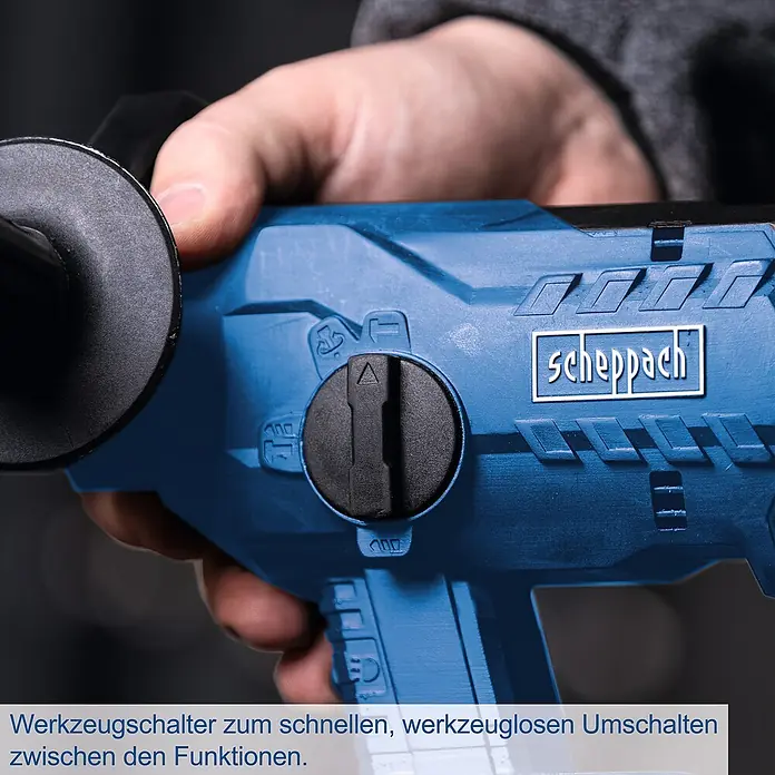 Scheppach IXES 20V Akku-Bohrhammer BC-RHD230-X - 20 V, 2,2 J, Bohrfutter/Werkzeugaufnahme Elektromaschine: SDS-Plus-Aufnahme, Max. Schlagzahl: 5.500 /min - Werkzeugschalter für schnellen, werkzeuglosen Wechsel zwischen Funktionen des Scheppach Bohrhammers.