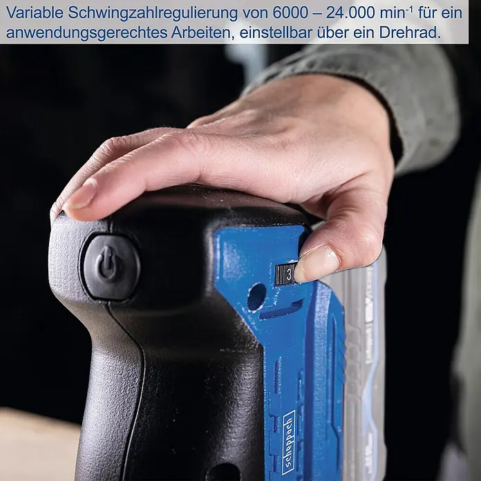 Scheppach IXES 20V Akku-Exzenterschleifer C-OBS125-X - 20 V, Durchmesser Schleifscheibe: 125 mm - Einstellbare Scheppach-Oszillationssteuerung von 6000 - 24.000 min-1 für anwendungsgerechtes Arbeiten über ein Drehrad.