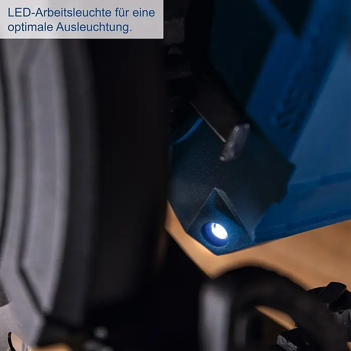Scheppach IXES 20V Akku-Handkreissäge BC-HCS165-X - 20 V, Durchmesser Sägeblatt: 165 mm - Nahaufnahme einer LED-Arbeitsleuchte an einer blauen Säge für optimale Ausleuchtung.
