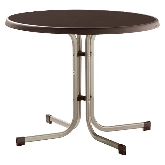 Sieger Balkontisch rund - Ø x H: 86 x 72 cm, Stahl, Mecalit, Klappbar, Champagner/Mocca - Abbildung eines runden, braunen Tisches mit Metallgestell. Praktischer Tisch für den Innen- und Außenbereich.