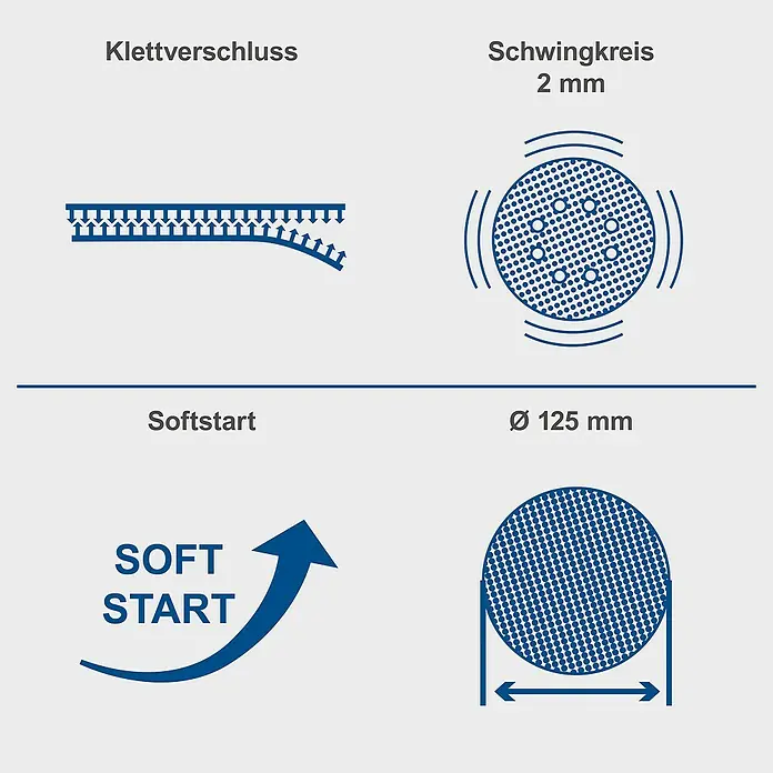 Scheppach IXES 20V Akku-Exzenterschleifer C-OBS125-X - 20 V, Durchmesser Schleifscheibe: 125 mm - Produktdetails: Klettverschluss, Schwingkreis (2 mm), Softstart und Durchmesser (125 mm).