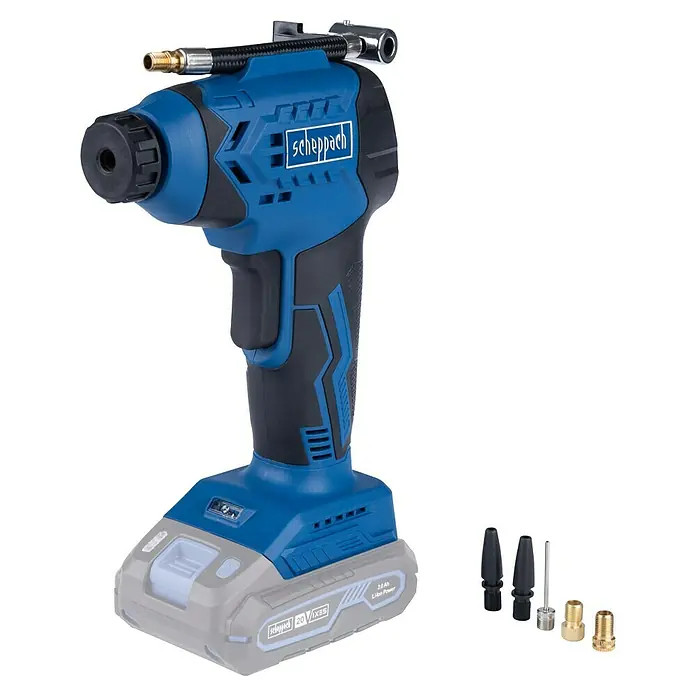 Scheppach IXES 20V Akku-Luftpumpe C-AC20-X - Max. Druck: 7 bar, Autostopp - Akkubetriebener Luftkompressor von Scheppach mit verschiedenen Aufsätzen für vielseitige Anwendungen.