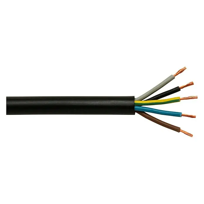 Gummileitung Meterware H07RN-F 5G2,5 mm² - Anzahl Adern: 5, Querschnitt: 2,5 mm², Schwarz - Schwarzes Kabel mit fünf farbcodierten Adern und freiliegenden Kupferleitern, geeignet für elektrische Installationen und Geräteanschlüsse.
