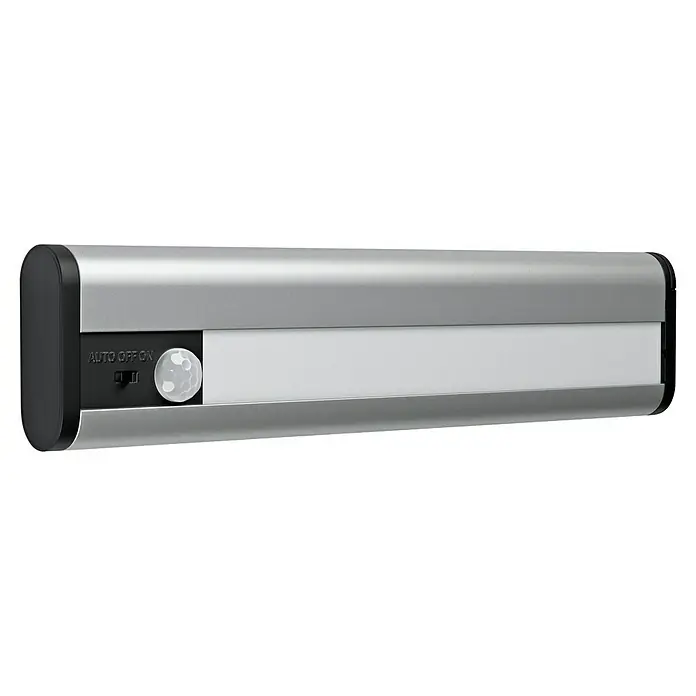 Ledvance LED-Unterbauleuchte - 1 W, Kaltweiß, Länge: 200 mm, Betriebsart: Batteriebetrieben - Bild einer silbernen LED-Leuchte mit Bewegungssensor, ideal für Schränke und dunkle Bereiche. Sie bietet Auto-, Aus- und Einschaltoptionen.